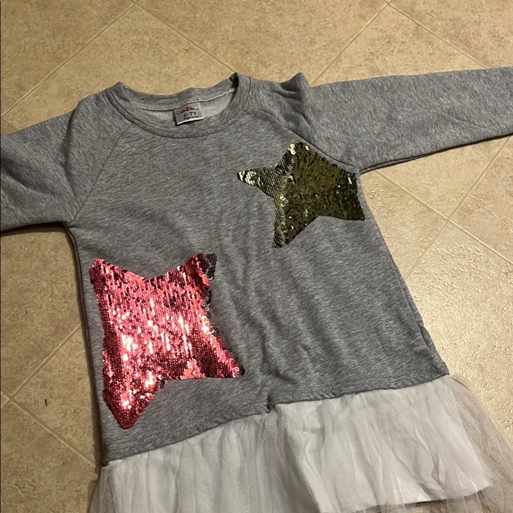 Gray shirt with Sequin Stars and ruffle bottom